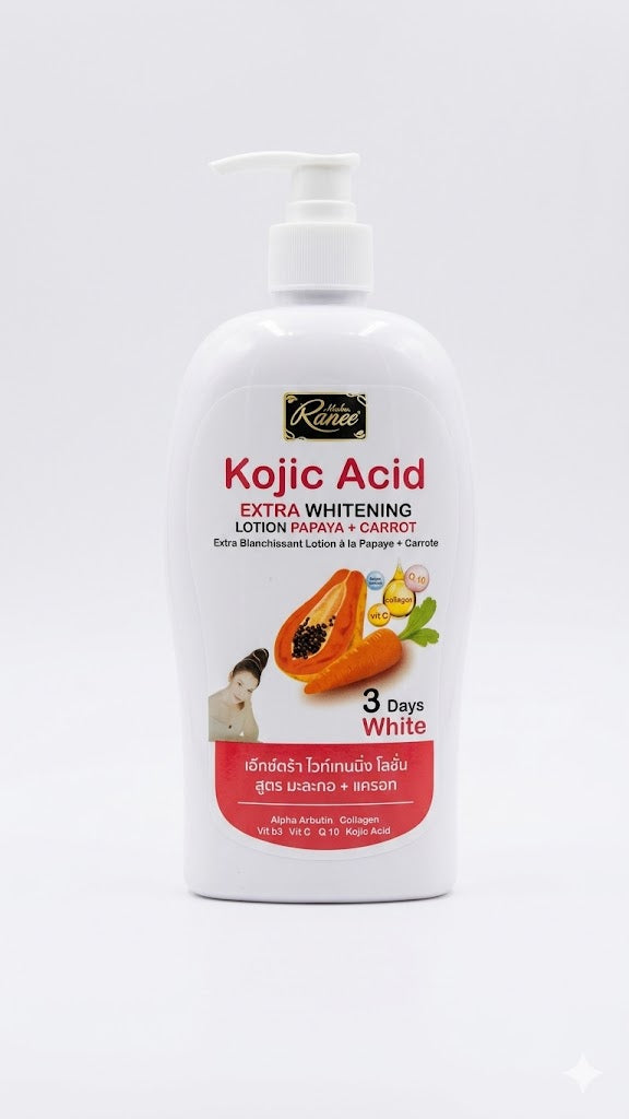 Lotion Extra Blanchissante Kojic Acid – Formule Papaye & Carotte – Éclat Naturel & Hydratation – 500ml