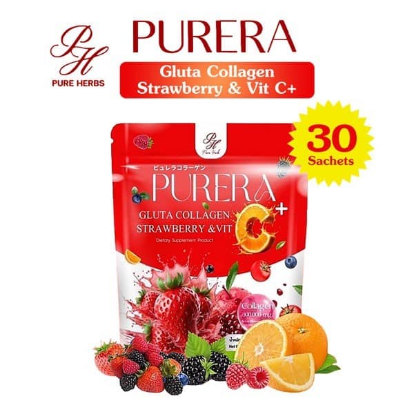 Purera Gluta Collagen Strawberry & Vit C+ – Boisson Beauté Éclat & Anti-Âge – Fraise, Glutathion & Vitamine C – 30 Sachets